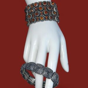 Set of Orange rhinestone and slate grey stretchy bracelet